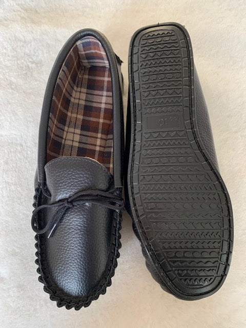 Black Leather Moccasin Slipper Hard Sole | Dave